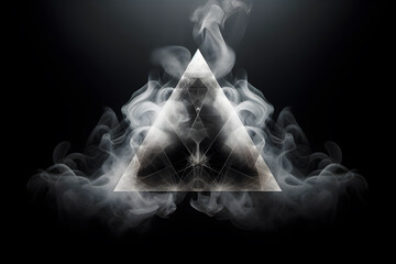 triangle with mystical symbols in smoke on black background, generative ai