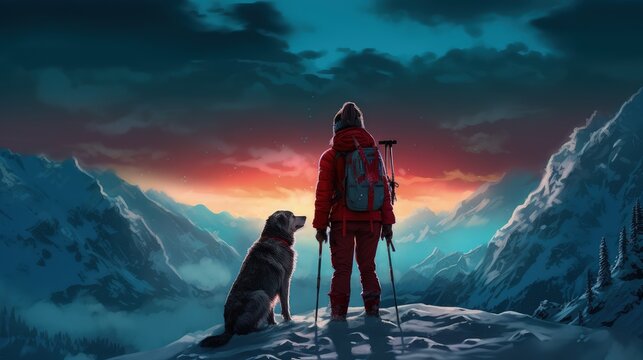 A woman in a winter suit with a backpack stands with a dog on the edge of a snowy mountain. Winter landscape, recreation. Generative AI