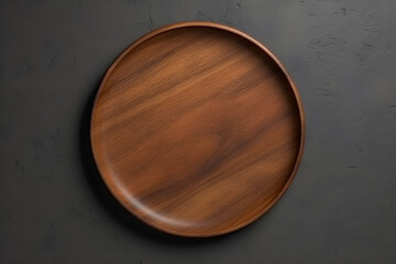 empty flat wooden plate on the table top view, generative ai