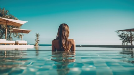 A woman enjoys swimming in the pool, rear view. Summer vacation and relax. Generative AI