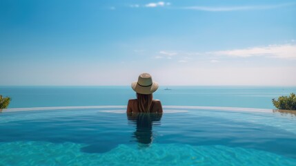 A woman in a hat enjoys swimming in the pool, rear view. Summer vacation and relax. Generative AI