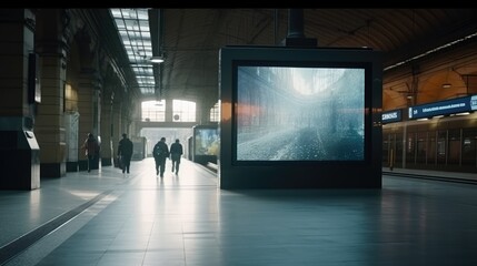 Beautiful standing billboard in the underground subway. Generative AI