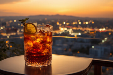 a beautiful cocktail at a rooftop bar overlooking a gorgeous city