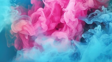 Fototapeta premium Dreamy pastel teal and pink smoke on abstract background. Cloud and fog. Digital ai art
