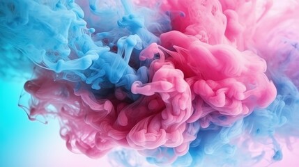 Obraz premium Dreamy pastel teal and pink smoke on abstract background. Cloud and fog. Glowing colours team wallpaper standard scale. Digital ai art