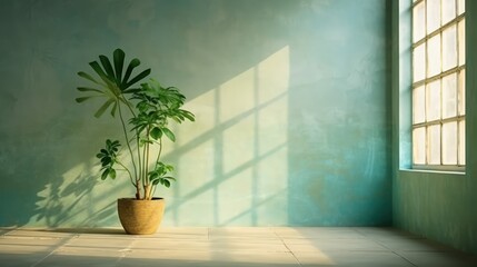 Empty interior with soft walls with a plant on the floor. The shadow of a plant on a green wall. Generative AI