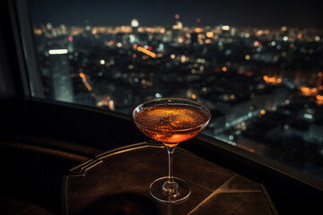 a beautiful cocktail at a rooftop bar overlooking a gorgeous city - obrazy, fototapety, plakaty