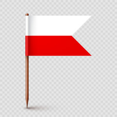 Polish toothpick flag. Souvenir from Poland. Wooden toothpick with paper flag. Location mark, map pointer. Blank mockup for advertising and promotions. Vector illustration