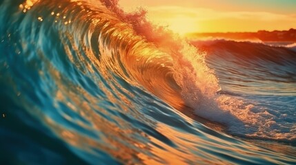 Ocean at high tide at sunset. Colored ocean waves - obrazy, fototapety, plakaty