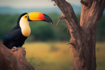Fototapeta premium Colourful toucan sitting on a tree. Generative AI