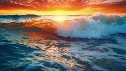 Obraz premium Ocean at high tide at sunset. Colored ocean waves, abstract. Generative AI