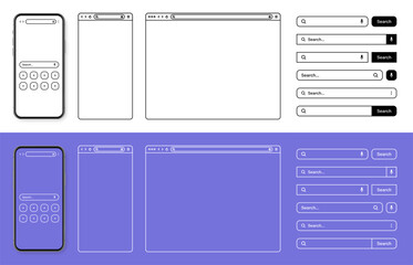 Smartphone, web browser, internet page window with toolbar and search bar, field. Modern website in flat style, line art. Blank browser mockup for computer, tablet and smartphone. Vector illustration