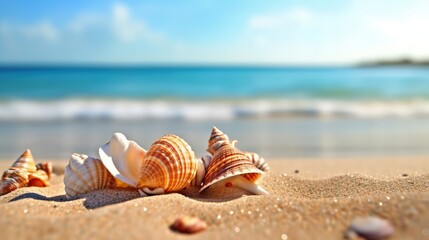 Fototapeta na wymiar Seashells on a sandy beach. Tropical beach with seashells on white sand, close up. Summer vacation and relaxation. Generative AI