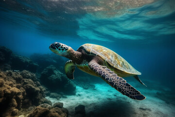 Naklejka premium Big turtle diving in the ocean, generative AI