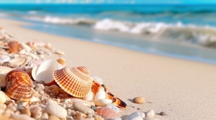 Fototapeta na wymiar Seashells on a sandy beach. Tropical beach with seashells on white sand, close up. Summer vacation and relaxation. Generative AI