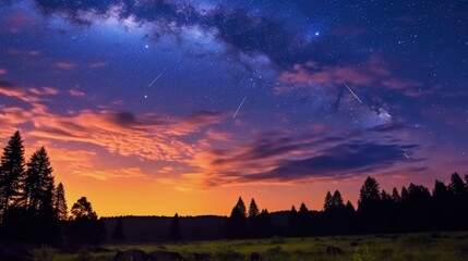 Slow-motion night sky with shooting stars over the forest. Night landscape. Generative AI