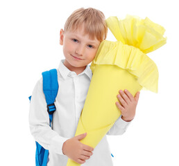 Little boy with backpack and yellow school cone isolated on white background