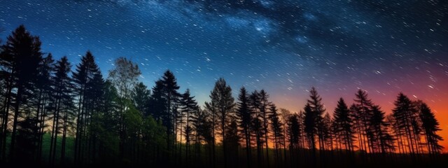 Slow-motion night sky with shooting stars over the forest. Night landscape. Generative AI