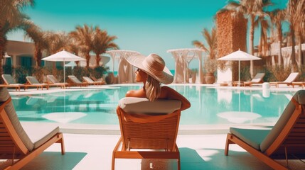 A woman in a swimsuit and panama enjoys sunbathing on a chaise longue on the edge of the pool, rear view. Summer vacation and relaxation. Generative AI