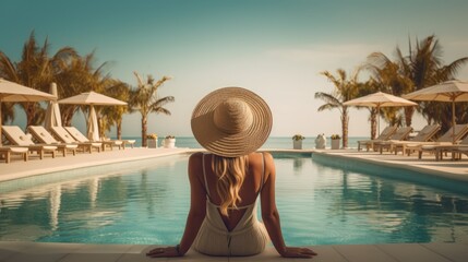 A woman in a swimsuit and panama enjoys sunbathing on the edge of the pool, rear view. Summer vacation and relaxation. Generative AI
