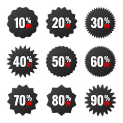 Price tags collection, special offer or shopping discount label with percent, discount percentage value. Black retail paper sticker. Promotional sale badge. Vector illustration