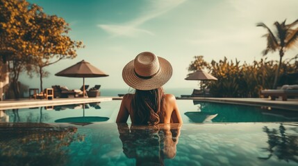 A woman in a swimsuit and panama enjoys sunbathing on the edge of the pool, rear view. Summer vacation and relaxation. Generative AI
