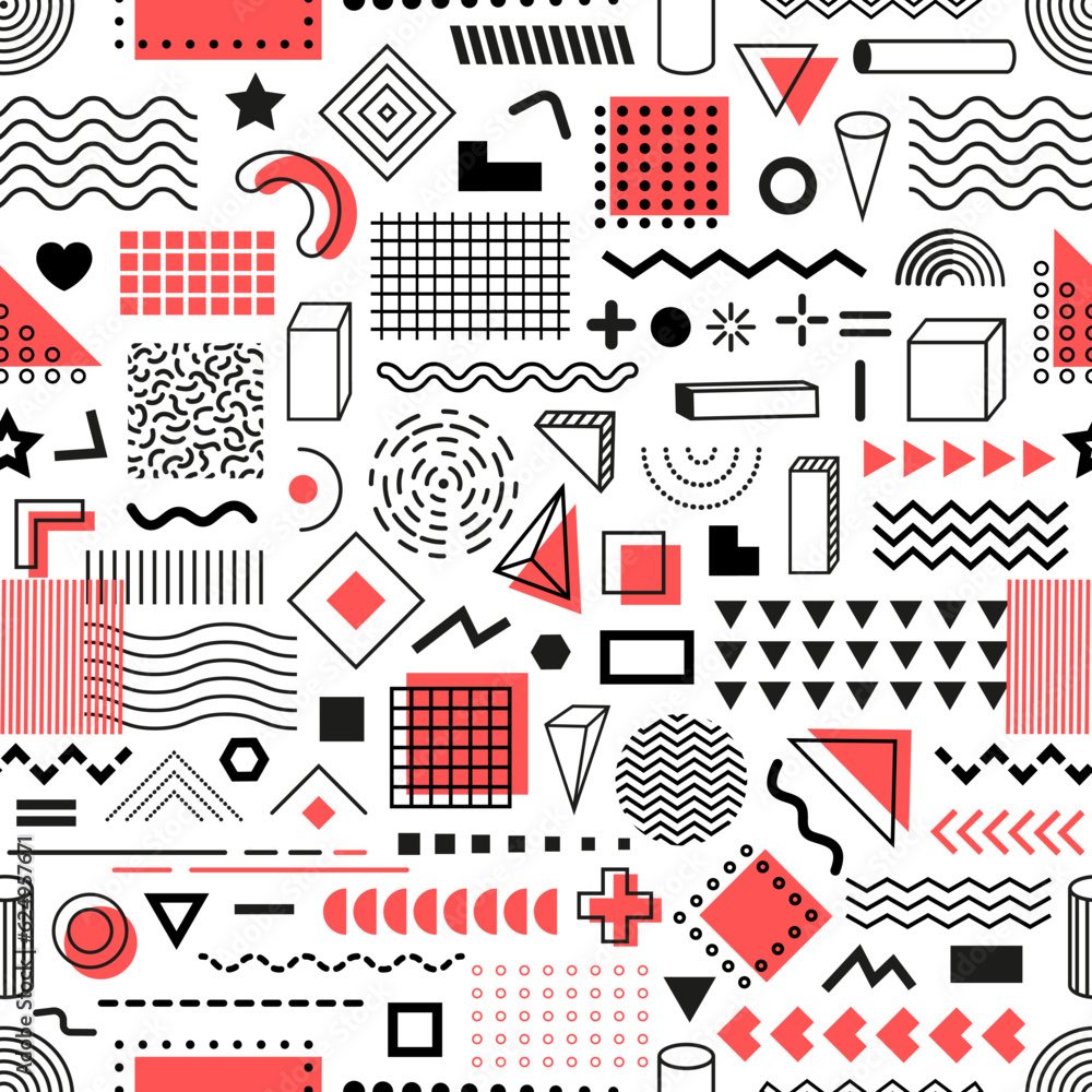 Poster memphis geometric, line art shapes seamless pattern. wallpaper funky pattern, fabric or textile prin