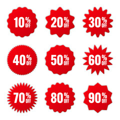 Price tags collection, special offer or shopping discount label with percent, discount percentage value. Red retail paper sticker. Promotional sale badge. Vector illustration