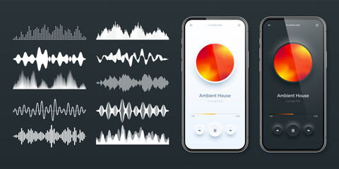 Online audio player user interface, smartphone app UI design. Music, media streaming and listening platform. Responsive mobile application. Neumorphism. Various sound waves. Vector illustration