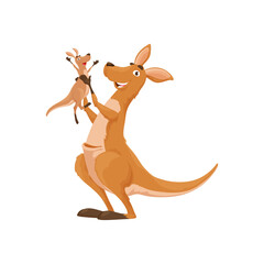 Cartoon mother and tiny kangaroo characters. Vector australian wallaby animals family mom and baby. Isolated funny smiling wallaroo parent and child comic personages. Love, childhood, parenting scene