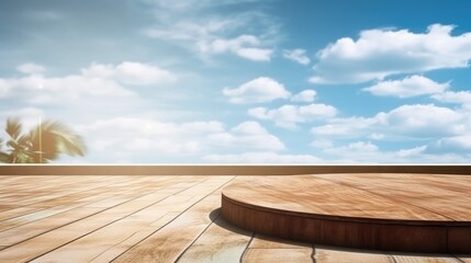 An empty wooden plank on a background of nature. Beautiful sky and clouds. Generative AI