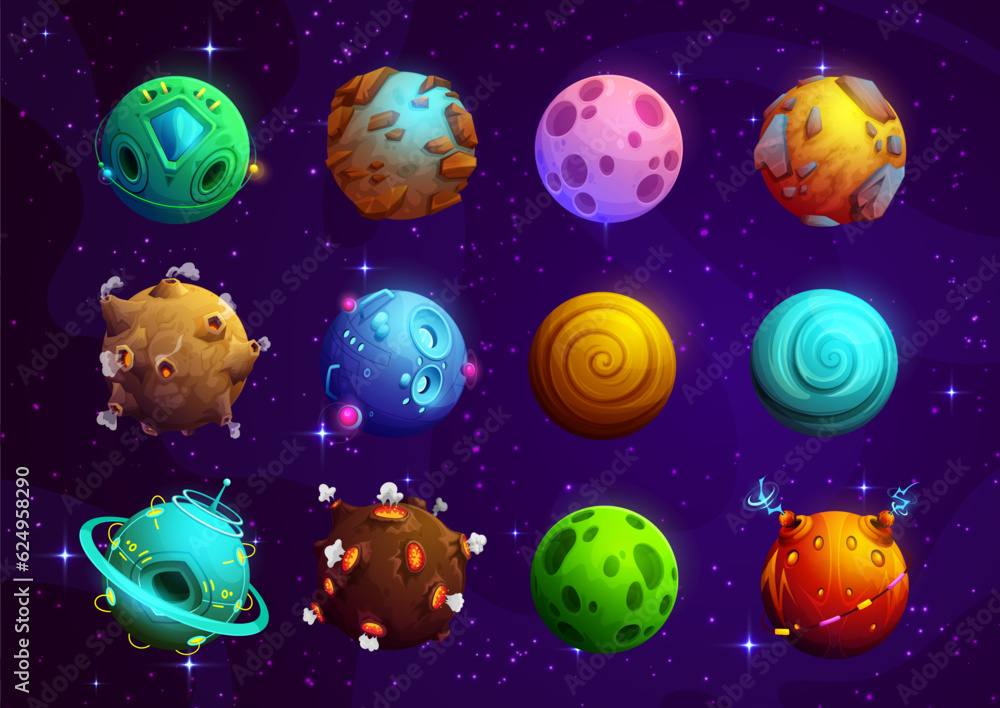 Poster cartoon alien fantasy space planets. vector cosmic world objects with organic and technological surf