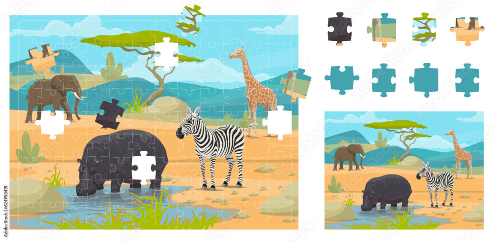 Poster jigsaw puzzle game pieces. african savannah safari animals. part match quiz worksheet, fragment conn