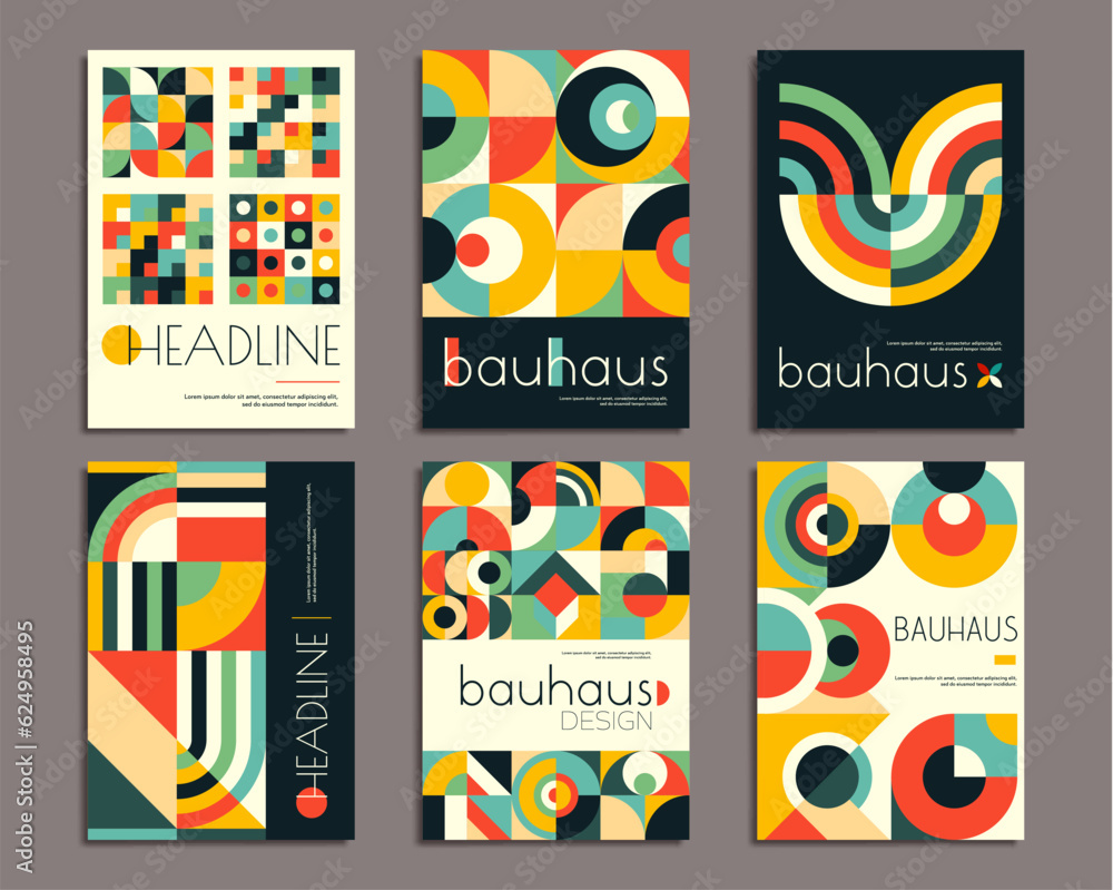 Poster bauhaus posters with geometric abstract patterns, vector modern backgrounds. bauhaus mosaic pattern 
