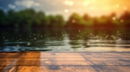 An empty wooden table on a blurry background of water and trees. Generative AI