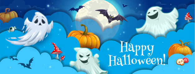 Halloween paper cut cartoon flying ghost monsters. Vector holiday party banner or greeting card design with 3d effect papercut clouds, moon, bats, stars, spooks, trick or treat sweets and amanita