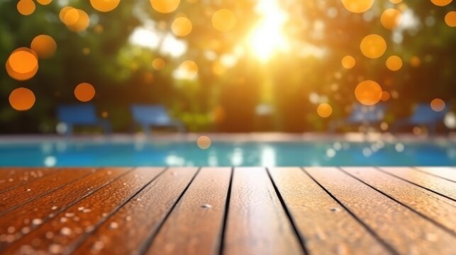 An empty wooden table on a blurry background of pool and trees. Generative AI