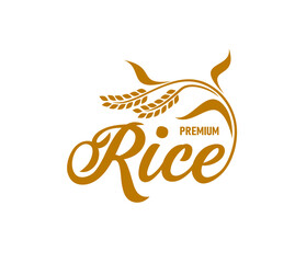 Rice icon, organic food package label, natural bio cereal and flour vector symbol. Premium quality rice icon of ear and stalk silhouette for farm food store or rice and grain food packaging