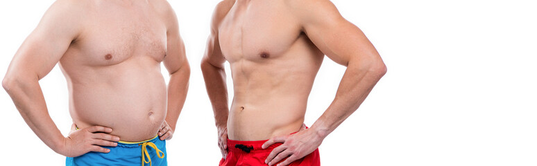 Fototapeta na wymiar before fat after slim compare of men isolated on white with copy space. before fat after slim