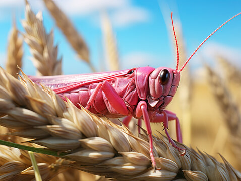 saltamontes rosa parado en trigo creado con tecnolog&iacute;a de IA generativa.