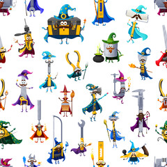 Cartoon tools wizard and warlock characters seamless pattern. Textile print vector pattern. Wrapping paper seamless backdrop with toolbox, axe, saw and wrench, vise, spatula sorcerer cute personages