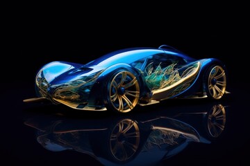 Obraz na płótnie Canvas non-existent car of the future with streamlined shapes made of gold and precious stones on a dark background.jewelry. Generative AI