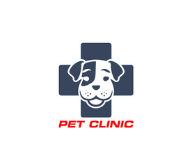Pet clinic symbol, animal veterinary help emblem. Dog veterinarian hospital, veterinary clinic or medical service vector symbol. Pet vet doctor icon or emblem with puppy head and medicine cross