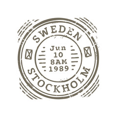 Stockholm Sweden postal seal, postmark on postcard round seal. Mail card delivery insignia, international vintage rubber stamp on postcard