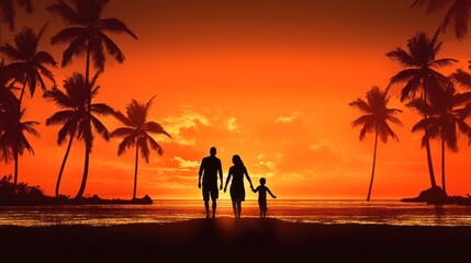 silhouette of a happy family holding hands against the backdrop of sunset and palm trees. Generative AI