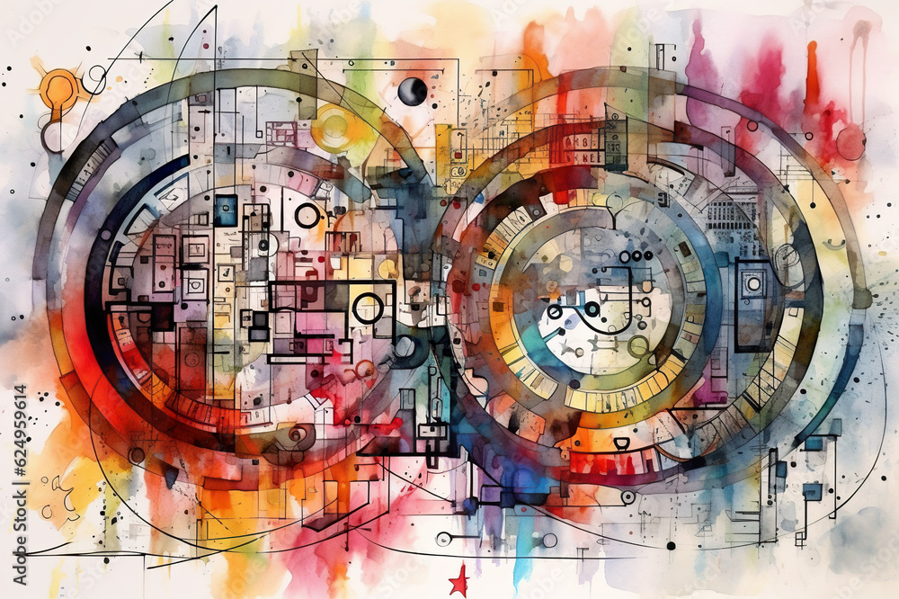 Poster a watercolor painting of a clock on a white background. generative ai. abstract geometric background