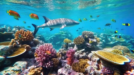 Fototapeta na wymiar Reef with a variety of hard and soft corals and tropical fish. Group of colorful fish and sea animals with colorful coral. Generative AI