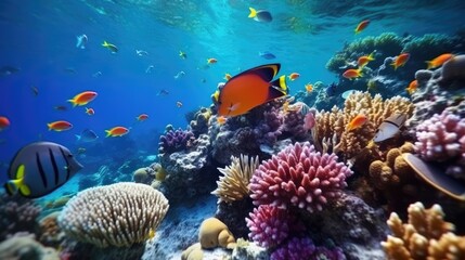 Naklejka na ściany i meble Reef with a variety of hard and soft corals and tropical fish. Group of colorful fish and sea animals with colorful coral. Generative AI