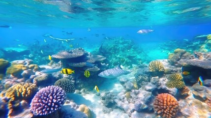 Reef with a variety of hard and soft corals and tropical fish. Group of colorful fish and sea animals with colorful coral. Generative AI