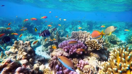 Reef with a variety of hard and soft corals and tropical fish. Group of colorful fish and sea animals with colorful coral. Generative AI